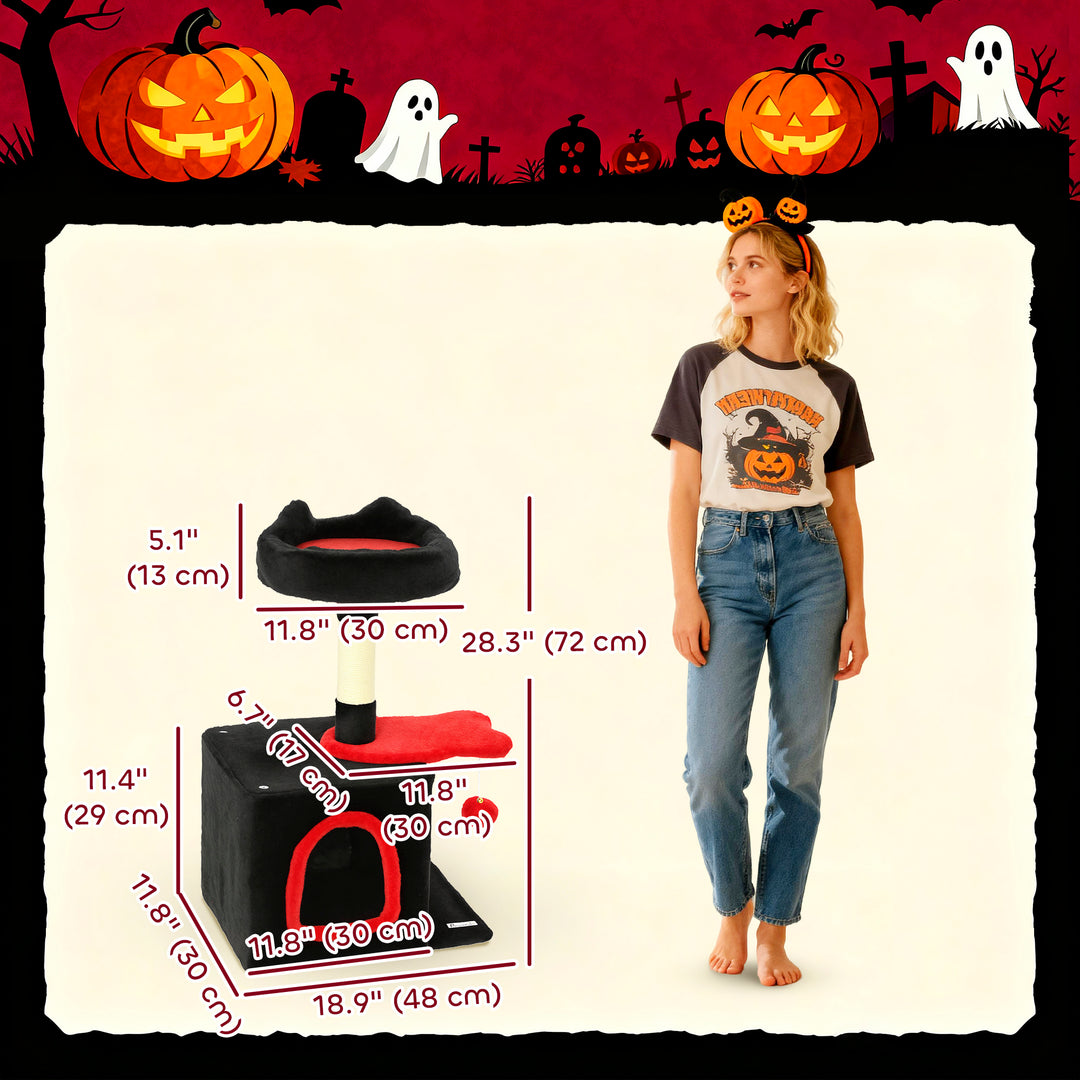 PawHut 28" Cat Tree Tower with Plush Top Bed, Cozy Condo, Sisal Scratching Post, Perch, Dangling Ball, Light Grey