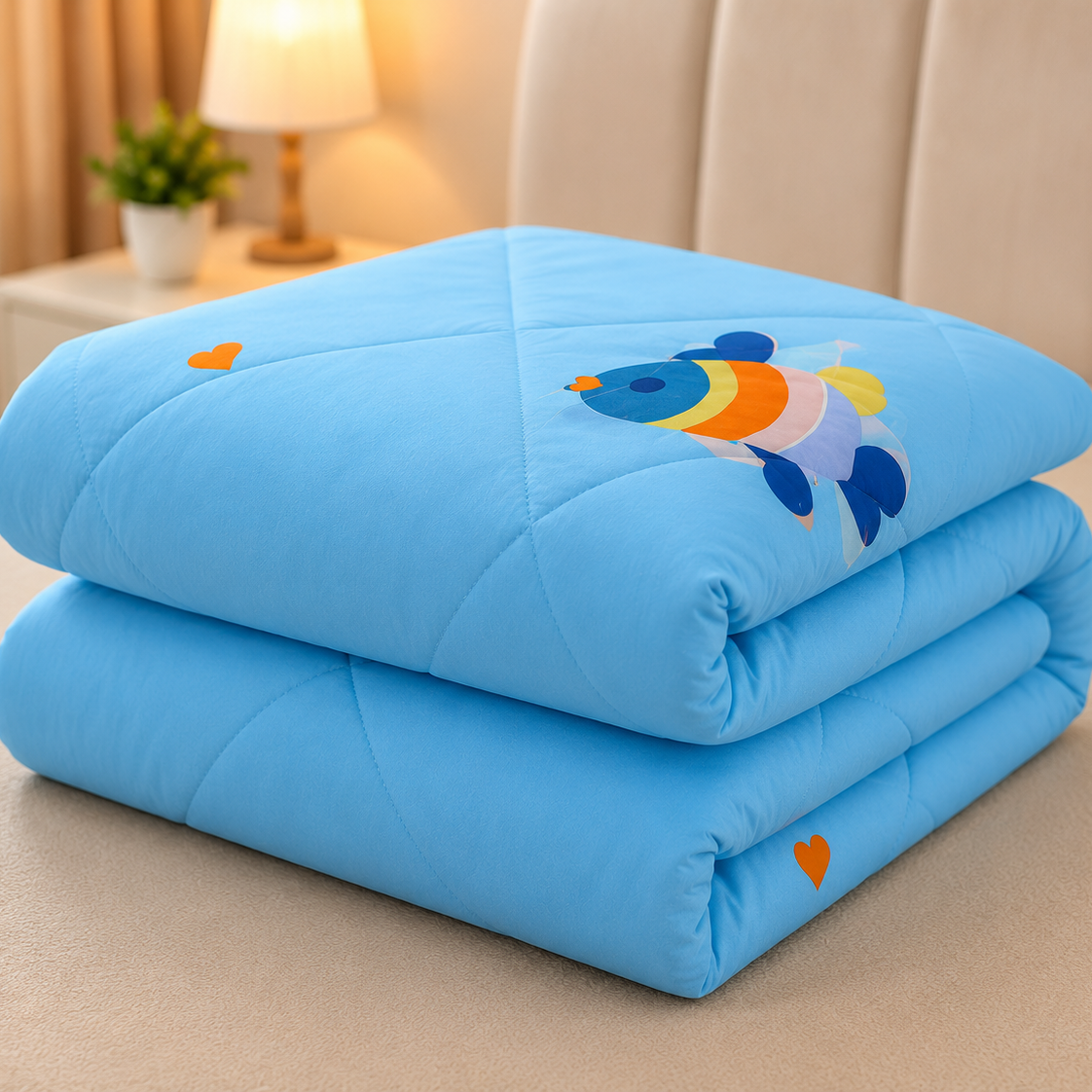 A folded light blue quilted comforter with a cartoon fish and orange heart embroidery, stacked on a beige bed in a softly lit bedroom.