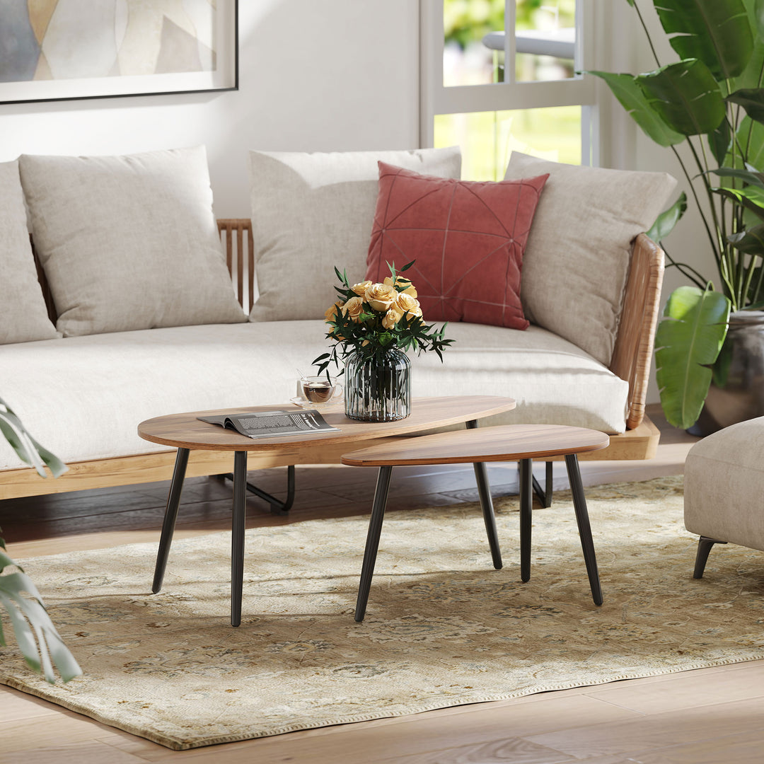 HOMCOM 2 Pieces Coffee Table Set for Living Room, Industrial Nest of Tables with Steel Legs, Brown