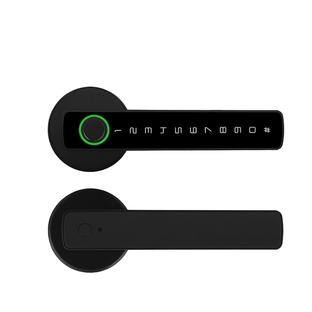 Smart Door Lock with Fingerprint Keypad Handle Biometric, App, Password, Key, and Card Keyless Entry System Suitable for Bedrooms, Offices, Hotels, Apartments - Black Edition