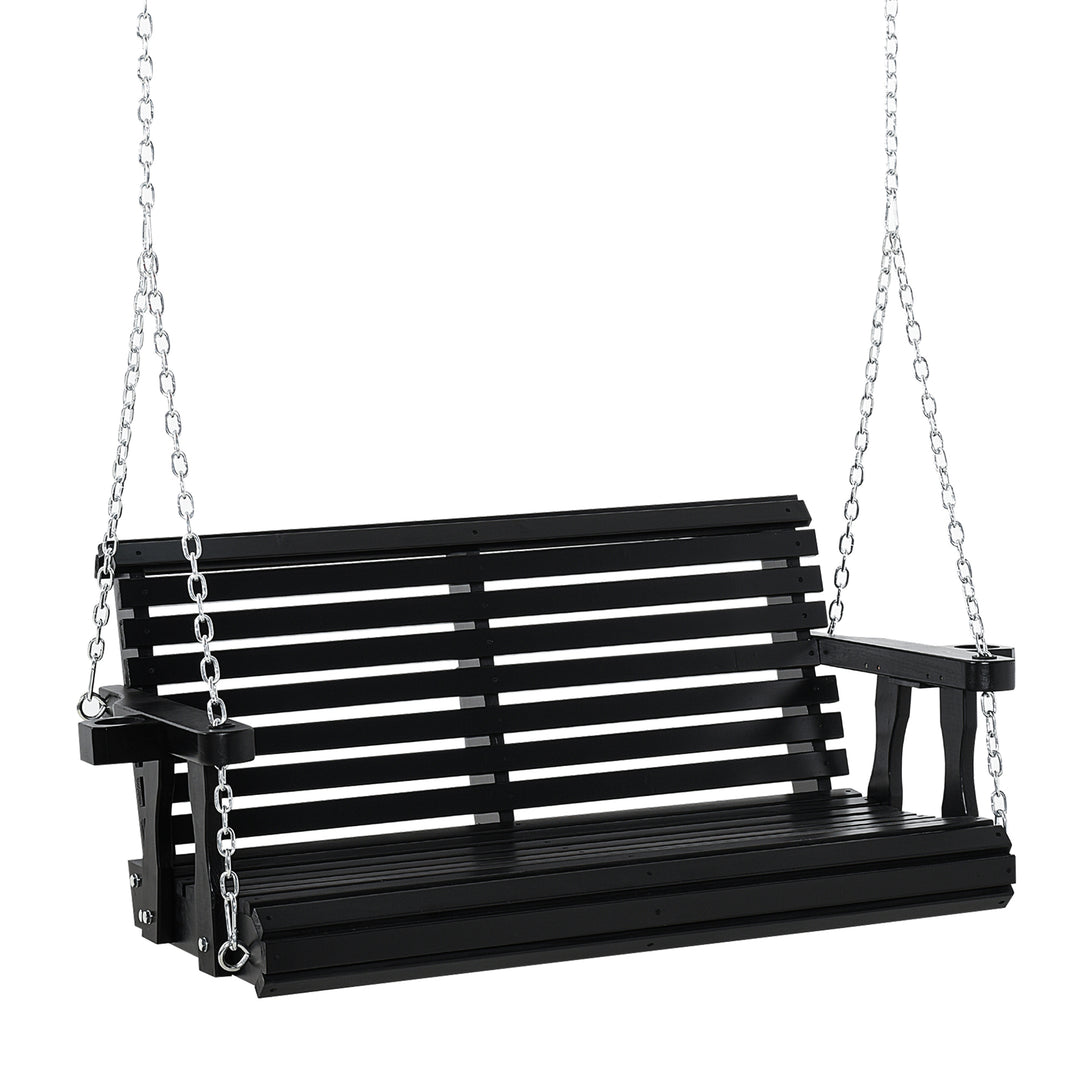 Outsunny 2 Seater Porch Swing Wooden Patio Swing Chair Seat with Cup Holder and Chains Outdoor Swing Bench for Garden Yard, Black