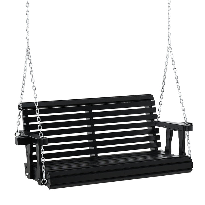 Outsunny 2 Seater Porch Swing Wooden Patio Swing Chair Seat with Cup Holder and Chains Outdoor Swing Bench for Garden Yard, Black