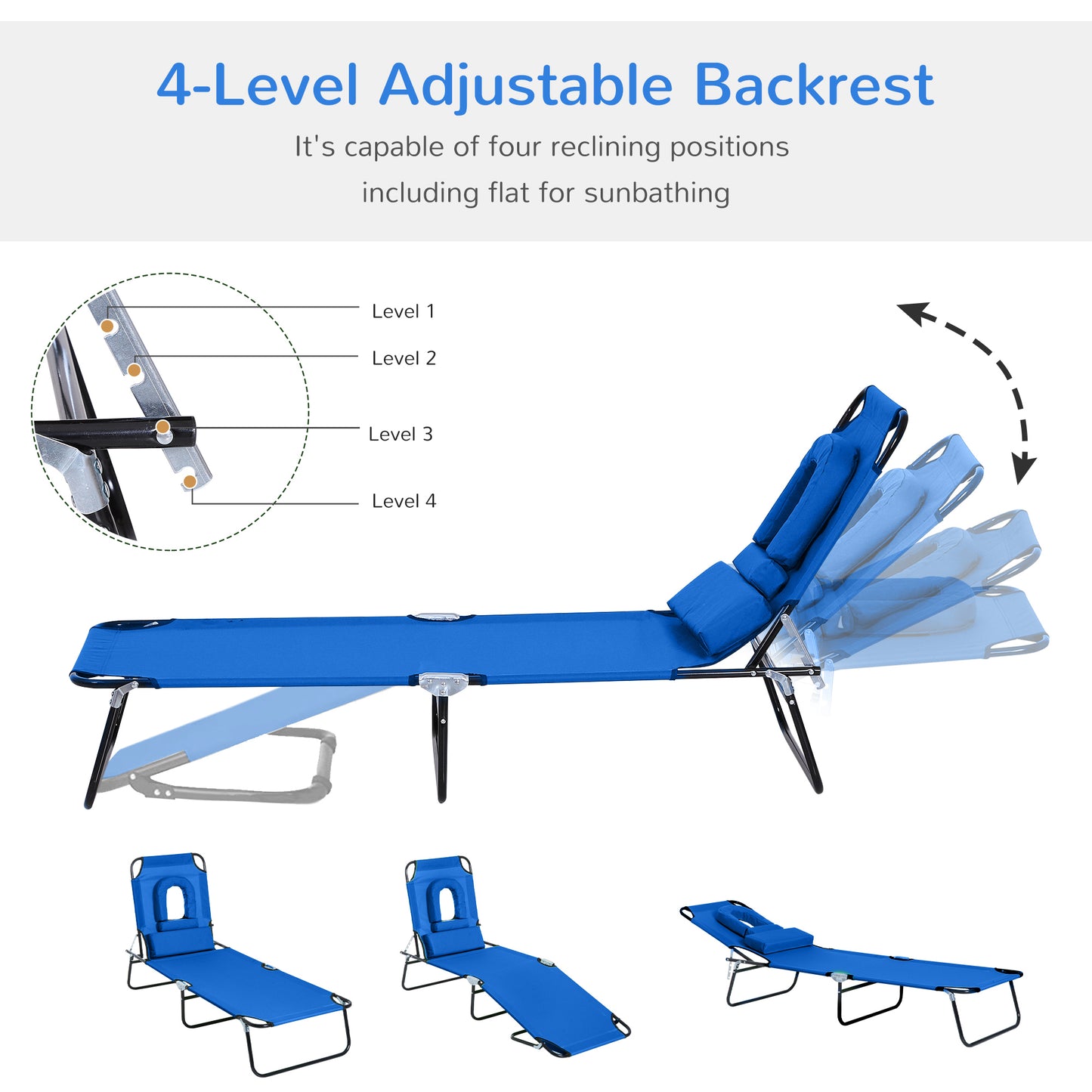 Outsunny Folding Outdoor Lounge Chair, Portable Reclining Beach Lounger with Face Hole, Detachable Pillow, 4-Position Adjustable Backrest, For Patio, Garden, Poolside, Blue