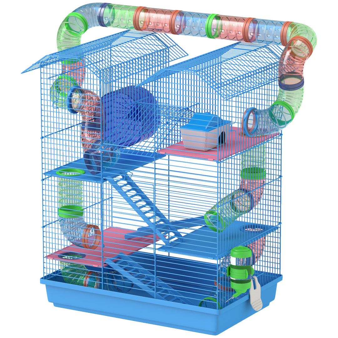 PawHut 18.5" Hamster Cage, 5 Tiers Small Animal House with Tunnel Tube System, Exercise Wheel, Water Bottle, Blue