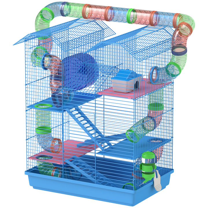 PawHut 18.5" Hamster Cage, 5 Tiers Small Animal House with Tunnel Tube System, Exercise Wheel, Water Bottle, Blue