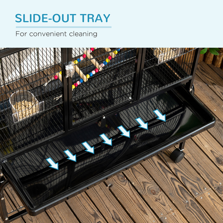 PawHut 71" Bird Cage with Wheels Perches, Ramp, Storage Shelf, Toys for Canaries, Finches, Cockatiels, Parakeets, White