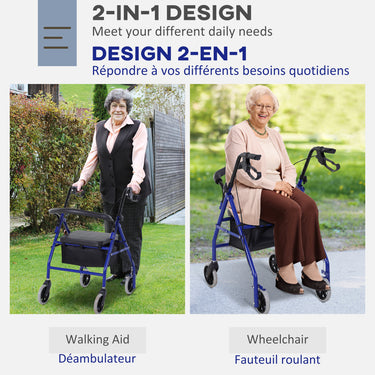 HOMCOM Folding Aluminum Rollator Walker with Adjustable Handle Height, Cushioned Flip Up Seat and Convenient Storage Bag, Rolling Wheels with 2 Barker, Blue