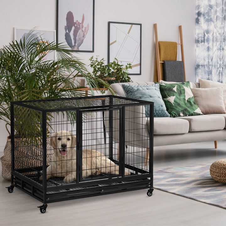 PawHut Heavy Duty Dog Crate Cage for Large Dogs Cats with Two Doors, Lockable Wheels, Removable Tray, 43" x 30" x 32''