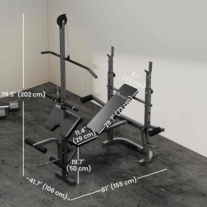 Soozier Adjustable Weight Bench with Bench Press Rack, Preacher Curl Bench, Leg Extension and Lat Pull Down