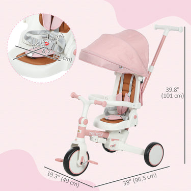 Qaba 7 in 1 Toddler Tricycle with Safety Harness, Adjustable & Removable Parent Handle, Canopy, Storage Bag, Brake, Pink