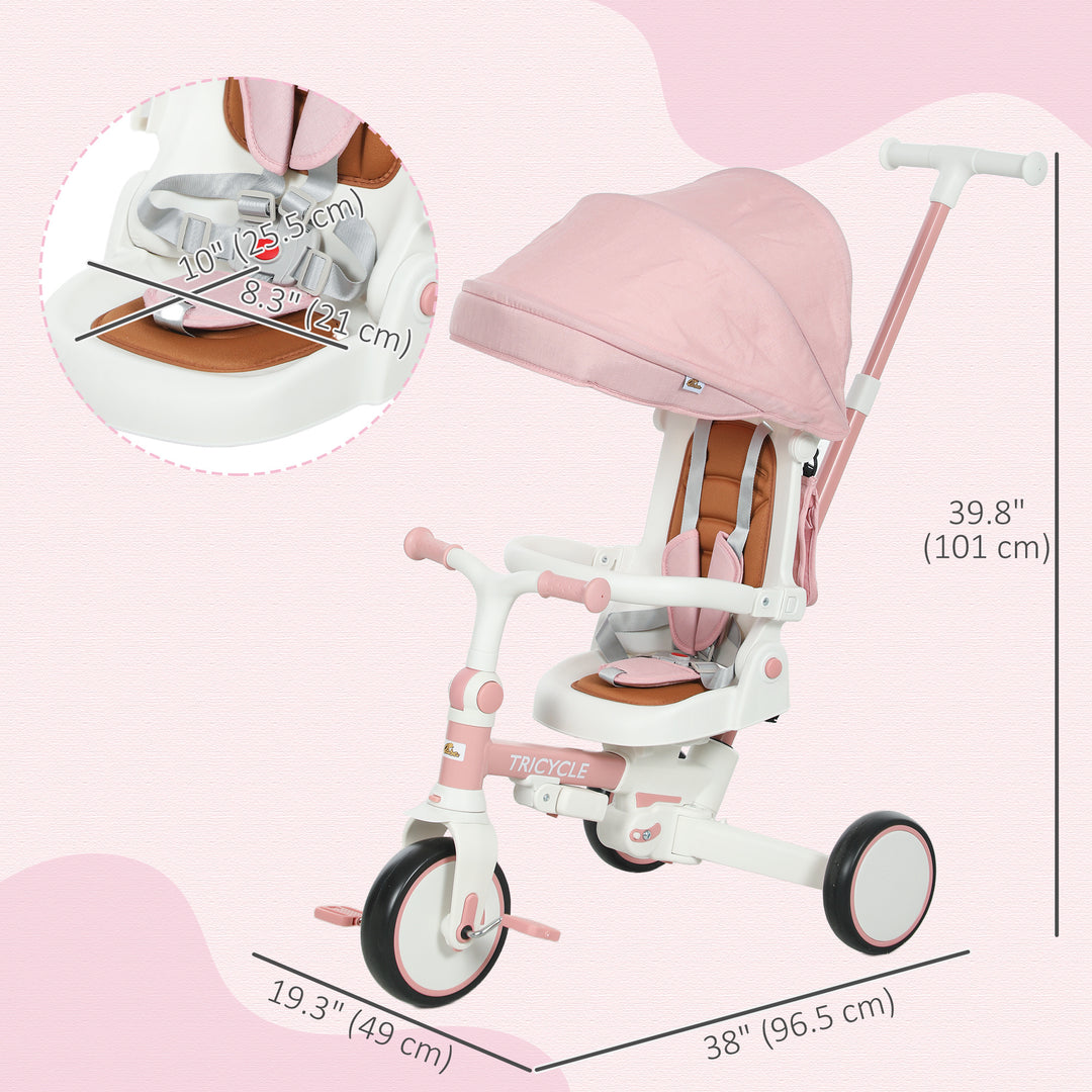 Qaba 7 in 1 Toddler Tricycle with Safety Harness, Adjustable & Removable Parent Handle, Canopy, Storage Bag, Brake, Pink
