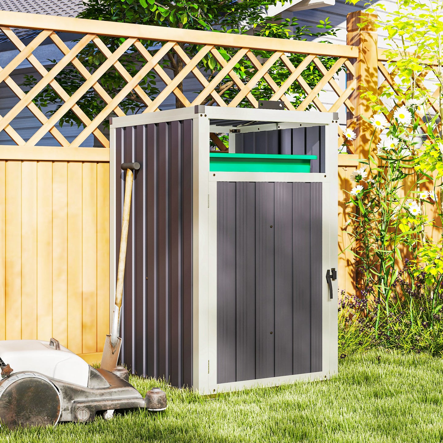 Outsunny Double Garbage Bin Shed, Lockable Outdoor Storage Shed with Openable Lid, Galvanized Frame for Garden Patio, Dark Grey
