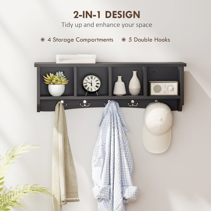 HOMCOM Coat Rack Wall Mount with Shelf, 28" Wall Coat Rack with 5 Hooks and 4 Compartments for Living Room, Entryway, White