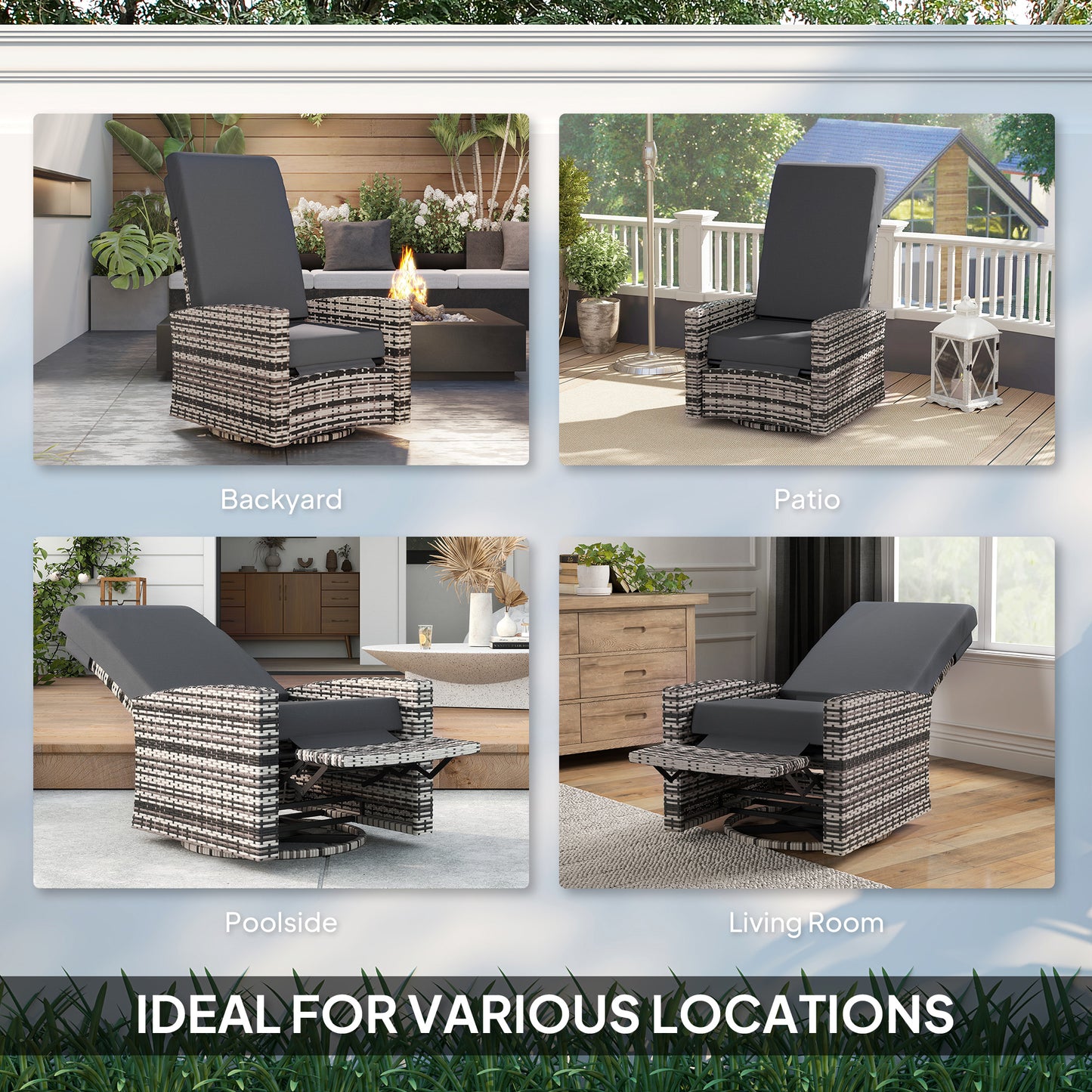 Outsunny Outdoor Rattan Wicker Lounge Chair with Footrest & Soft Cushion for Patio, Garden, Backyard, Sky Blue