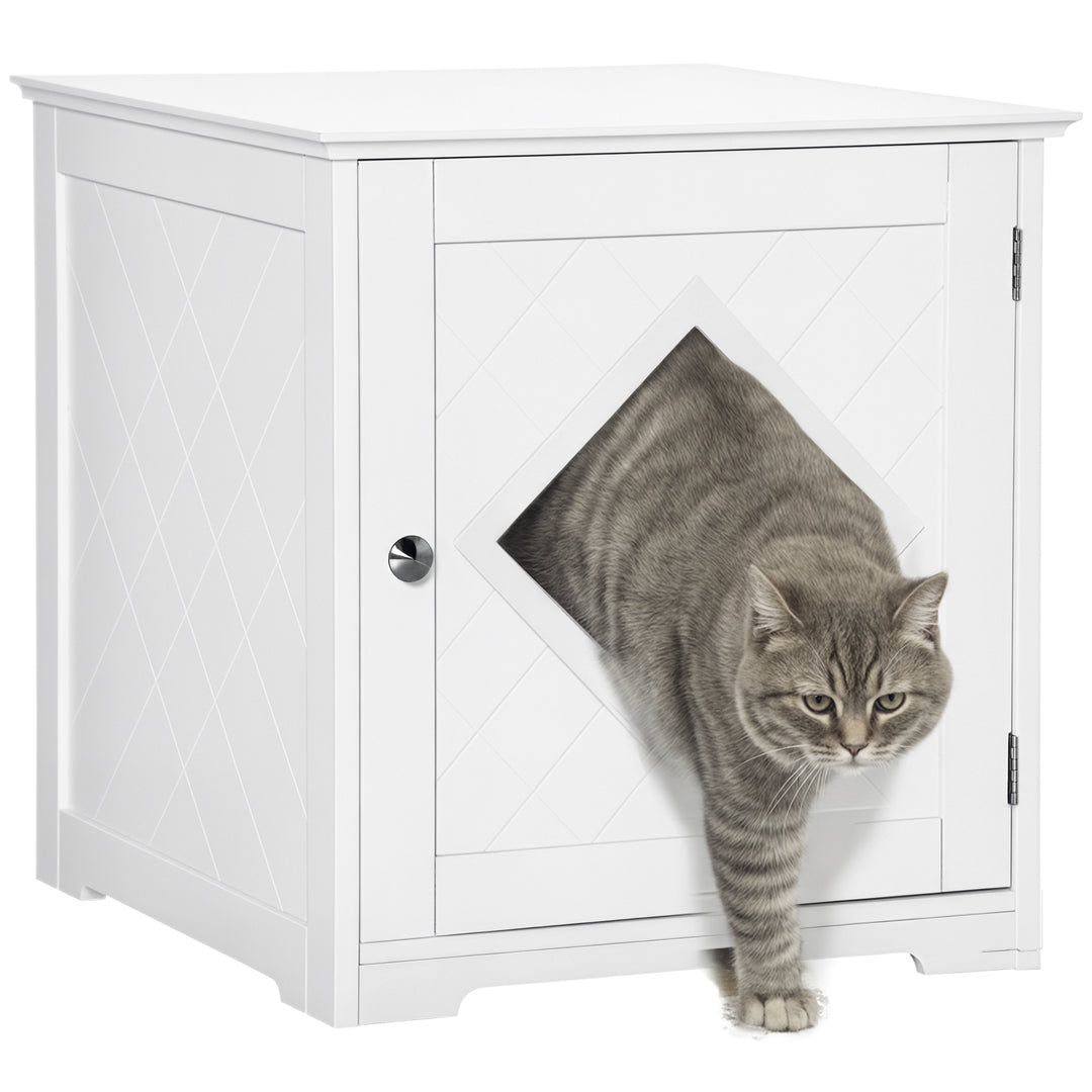 PawHut Cat Litter Box Enclosure End Table, Indoor Cat Washroom with Magnetic Door, Hidden Litter Box Nightstand with Large Tabletop, Easy Assembly, White