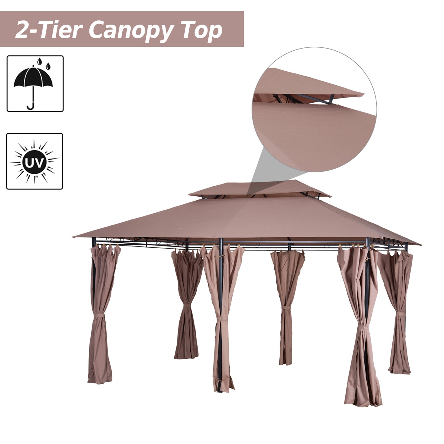 Outsunny 10' x 13' Patio Gazebo, Outdoor 2-Tiers Garden Canopy Yard Sunshade Shelter with Curtains, Khaki
