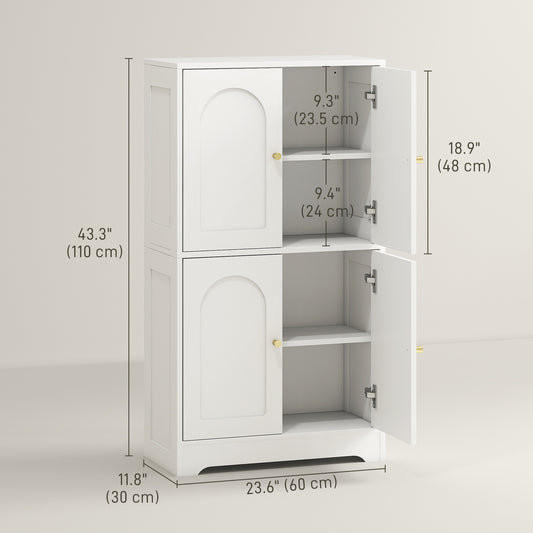 HOMCOM 43" Kitchen Pantry Cabinet, Freestanding Modern Storage Cabinet with 4 Arched Doors and 2 Adjustable Shelves, White