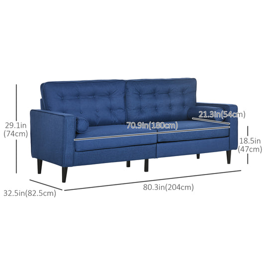 HOMCOM Mid-Century Sofa, Couch with Button-Tufted Back Cushion, Velvet Feel Fabric Upholstery, 2 Cylindrical Pillows and Rubber Wood Legs for Living Room, Dark Blue