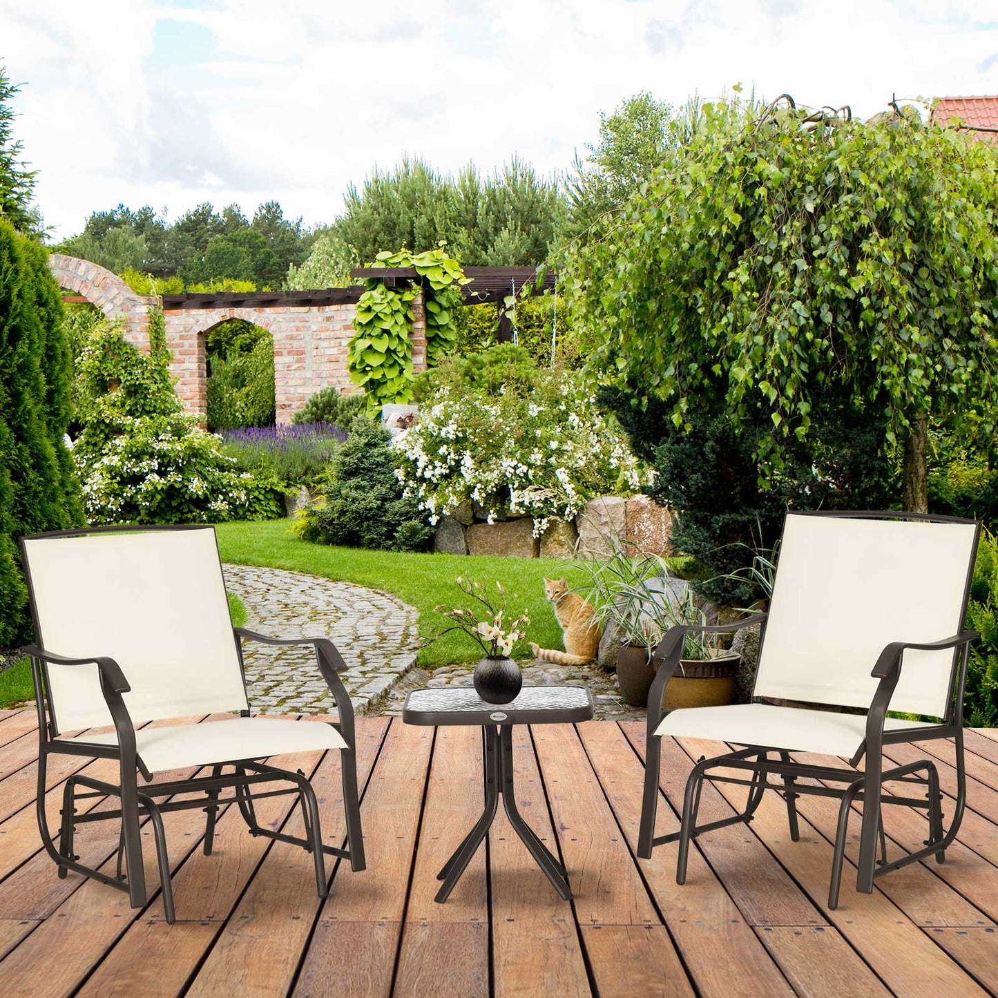 Outsunny 3 Piece Patio Glider Set Outdoor Gliders with Breathable Mesh Seat, Glass Top Table for Garden, Yard, Cream White