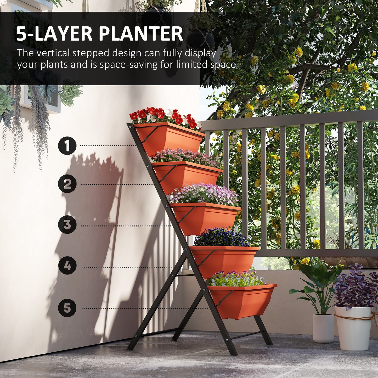 Outsunny 5-Tier Raised Garden Bed with 5 Planter Box, Outdoor Plant Stand Grow Containers with Leaking Holes, Brown