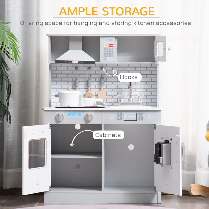 Qaba Kids Kitchen Play Cooking Toy Set, Educational Pretend Role Playset Game with Sound & Light Effect, Battery Operated Cooktop, Ice Machine, Dot Pattern Countertop, for 3-6 Years Old