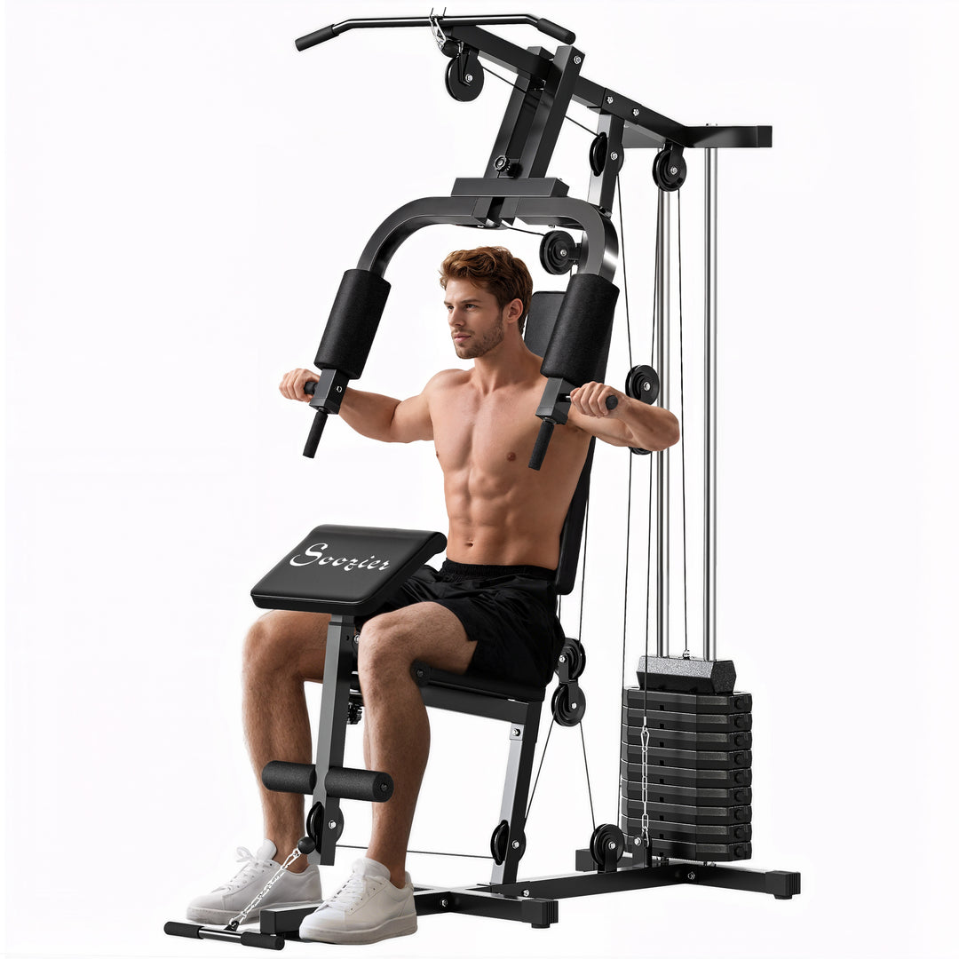 Soozier Home Gym Equipment Weight Training Machine, Multifunction Workout Machine with 143lbs Weight Stack for Full Body Workout and Strength Training, Black