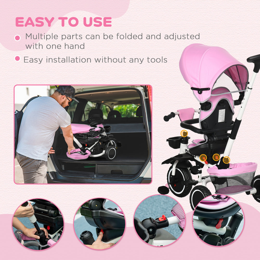 Aosom 6-in-1 Toddler Tricycle for 12-50 Months, Foldable Kids Trike with Adjustable Seat and Push Handle, Safety Harness, Removable Canopy, Footrest, Grey