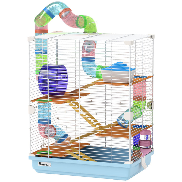 PawHut 5 Tiers Hamster Cage Portable with Exercise Wheels Play Tube Water Bottle Dishes House Ladder for Gerbils, Light Blue