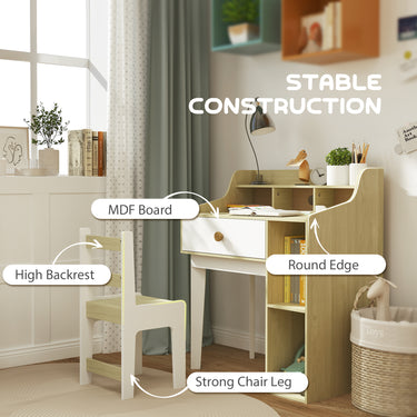 Qaba Kids Desk and Chair Set with Storage Shelves, Drawer, for 3-10 Years, White