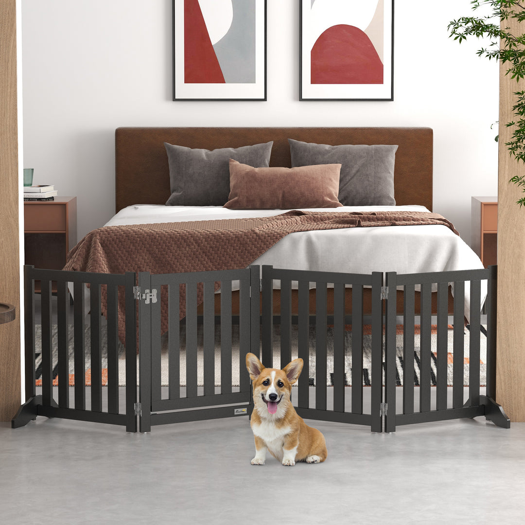 PawHut 23.5"H Foldable Dog Gate with Door, 4 Panels Freestanding Pet Gate Barriers Indoor with Support Feet, Puppy Fence for Small Dogs, Grey