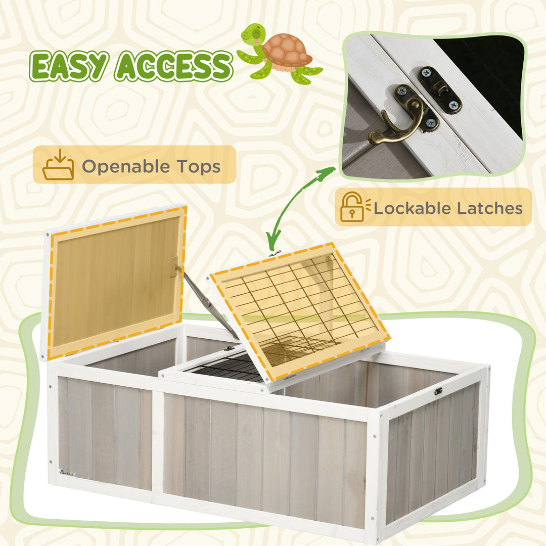 PawHut Wooden Tortoise Habitat with Openable Top, Run Cage, Two Rooms, Grey
