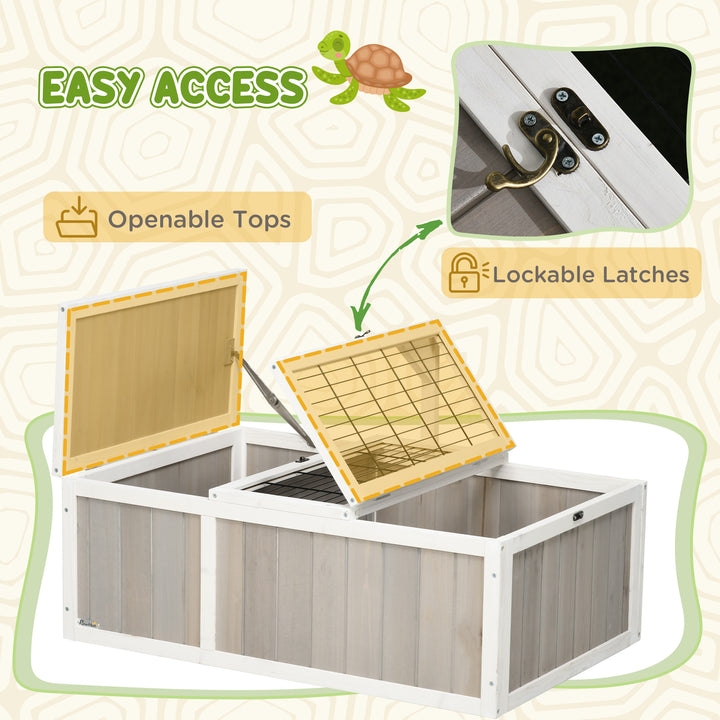 PawHut Wooden Tortoise Habitat with Openable Top, Run Cage, Two Rooms, Grey