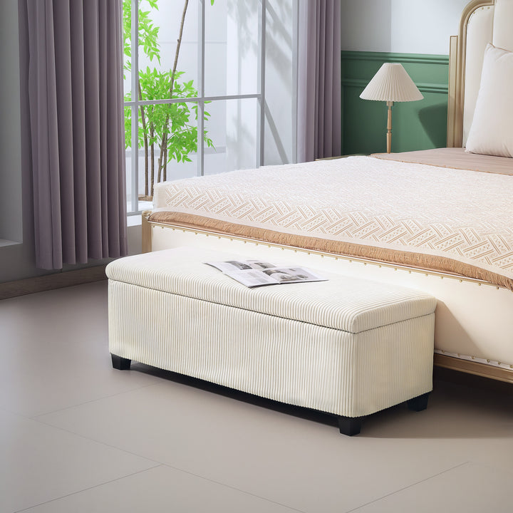 HOMCOM 44 Inches Ottoman with Storage, Lid, Legs, Corduroy End of Bed Bench for Living Room, Bedroom, Entryway, Beige