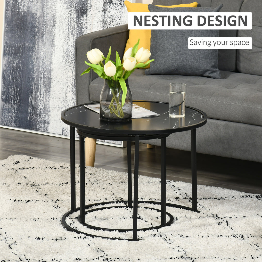 HOMCOM Round Nesting Coffee Table Set of 2, Stacking Modern Accent Tables with Faux Marble Tabletop and Metal Frame for Living Room, Black