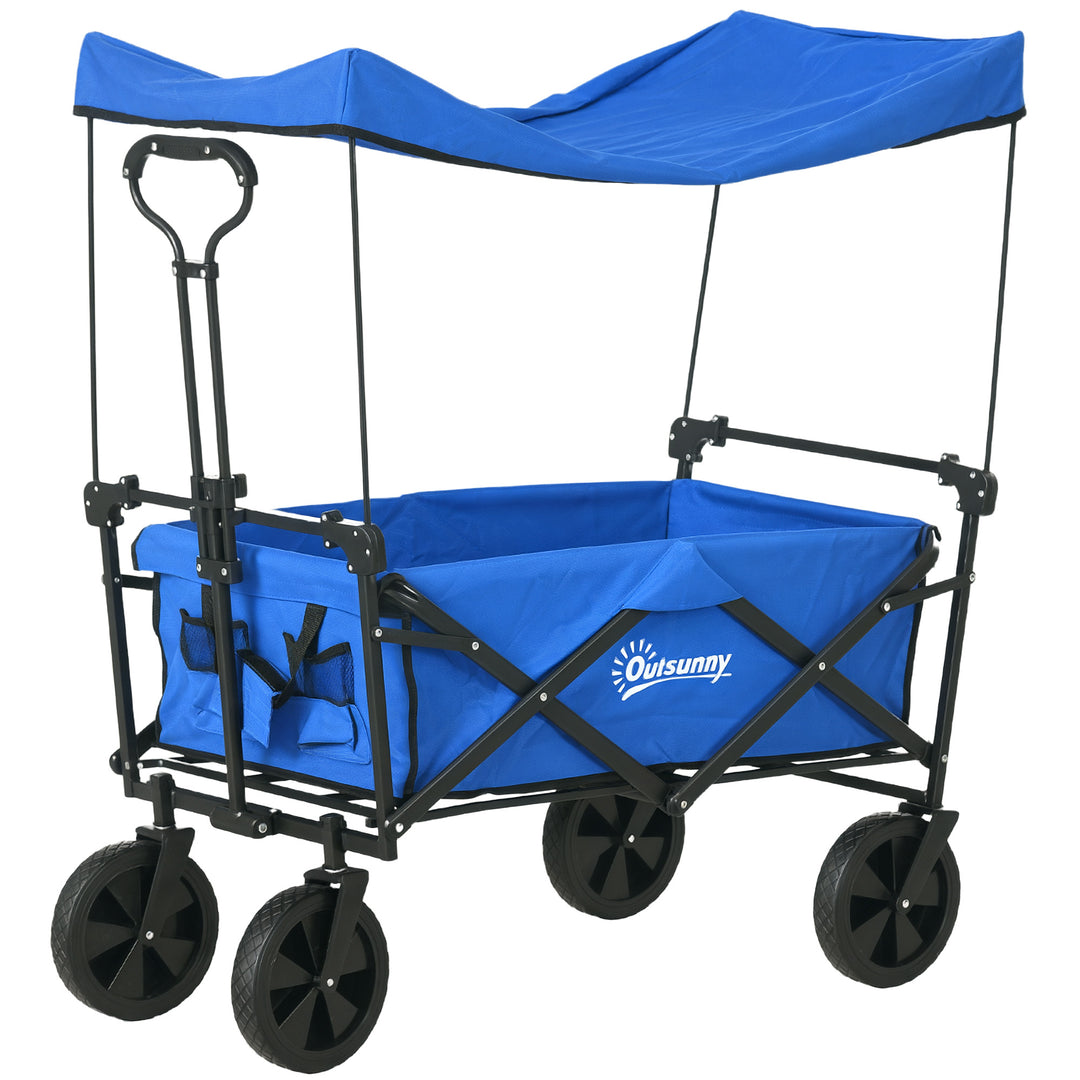 Outsunny Steel Frame Folding Garden Cart, Collapsible Wagon Cart with Removable Canopy, Telescopic Handle and Carrying Bag
