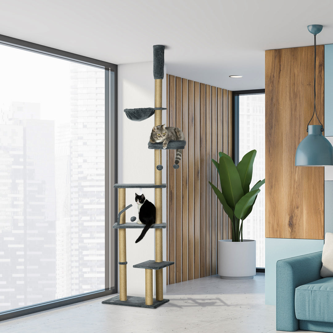 PawHut Floor to Ceiling Cat Tree, 90.5" - 98.5" Cat Tower with Scratching Post, Dangling Balls, Platforms, Bed, Hammock, Grey