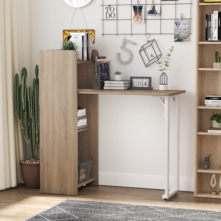 HOMCOM 2 In 1 Folding Table, Drop Leaf Table, Space Saving Dining Table with 4-Tier Shelf for Small Spaces, Oak