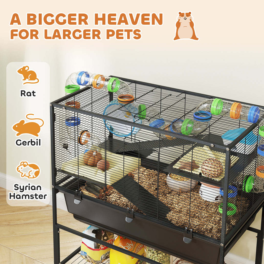 PawHut 3 Tier Rolling Hamster Cage with 7" Deep Tray, Storage Shelf, Big Exercise Wheel, Tube System, for Syrian, Gerbil, Rat
