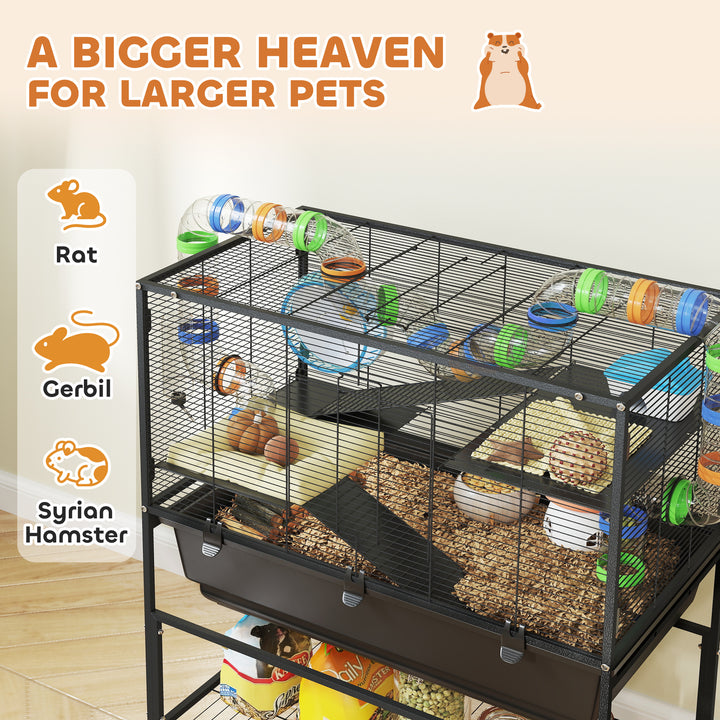 PawHut 3 Tier Rolling Hamster Cage with 7" Deep Tray, Storage Shelf, Big Exercise Wheel, Tube System, for Syrian, Gerbil, Rat