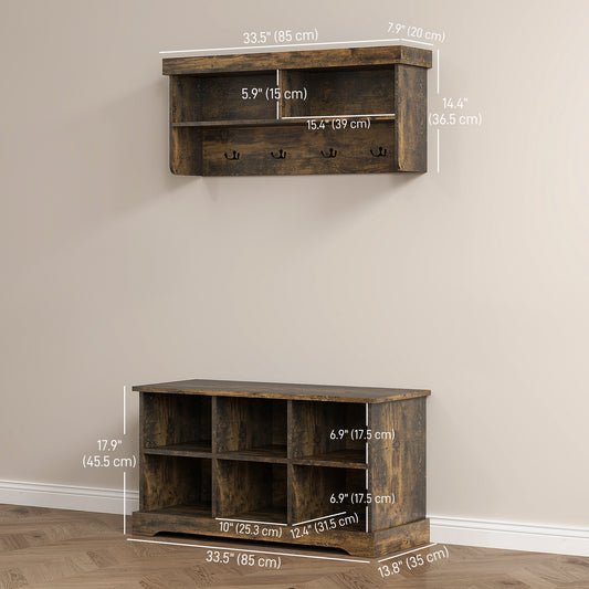 HOMCOM Coat Rack Shoe Bench Set, Entryway Shoe Bench with 8 Storage Cubbies, 4 Hooks for Hallway, Living Room, Rustic Brown