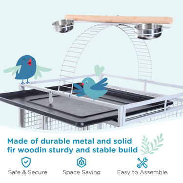 PawHut 63" Large Bird Parrot Cage Stand Finch Feeder Play Top House Perch Bowl Wheels, Silver