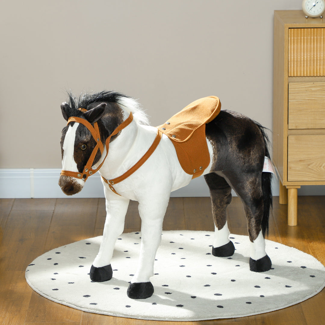 Qaba Standing Ride on Horse, Plush Pony Toy for Kids with Neighing Sound, Soft Padding, for Aged 3-8, Brown