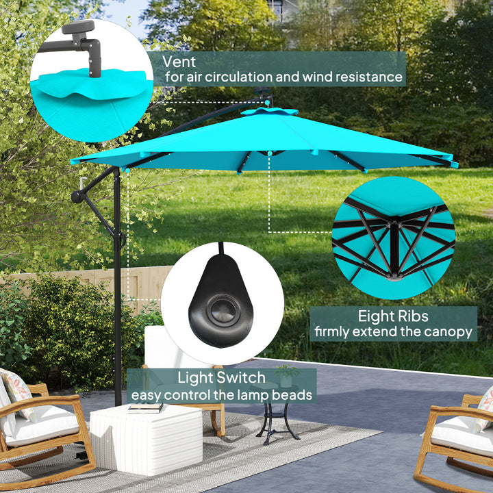 Outsunny 10ft Outdoor Cantilever Umbrella Banana Umbrella with Solar Lights and Adjustable Angle for Patio Backyard Turquoise