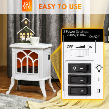HOMCOM Electric Fireplace Heater, Freestanding Fireplace Stove with Realistic Flame, Overheat Protection, 750W/1500W, White