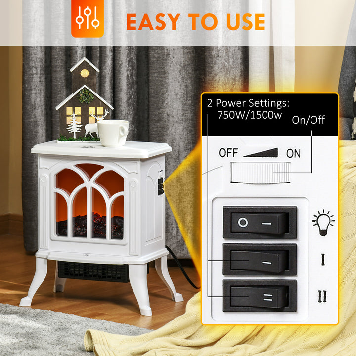 HOMCOM Electric Fireplace Heater, Freestanding Fireplace Stove with Realistic Flame, Overheat Protection, 750W/1500W, White