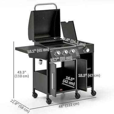 Outsunny 3 Burner Gas Grill with Side Burner, 9.5 KW Propane BBQ Grill, Cabinet Style with Shelves, Wheels, Instant Ignition