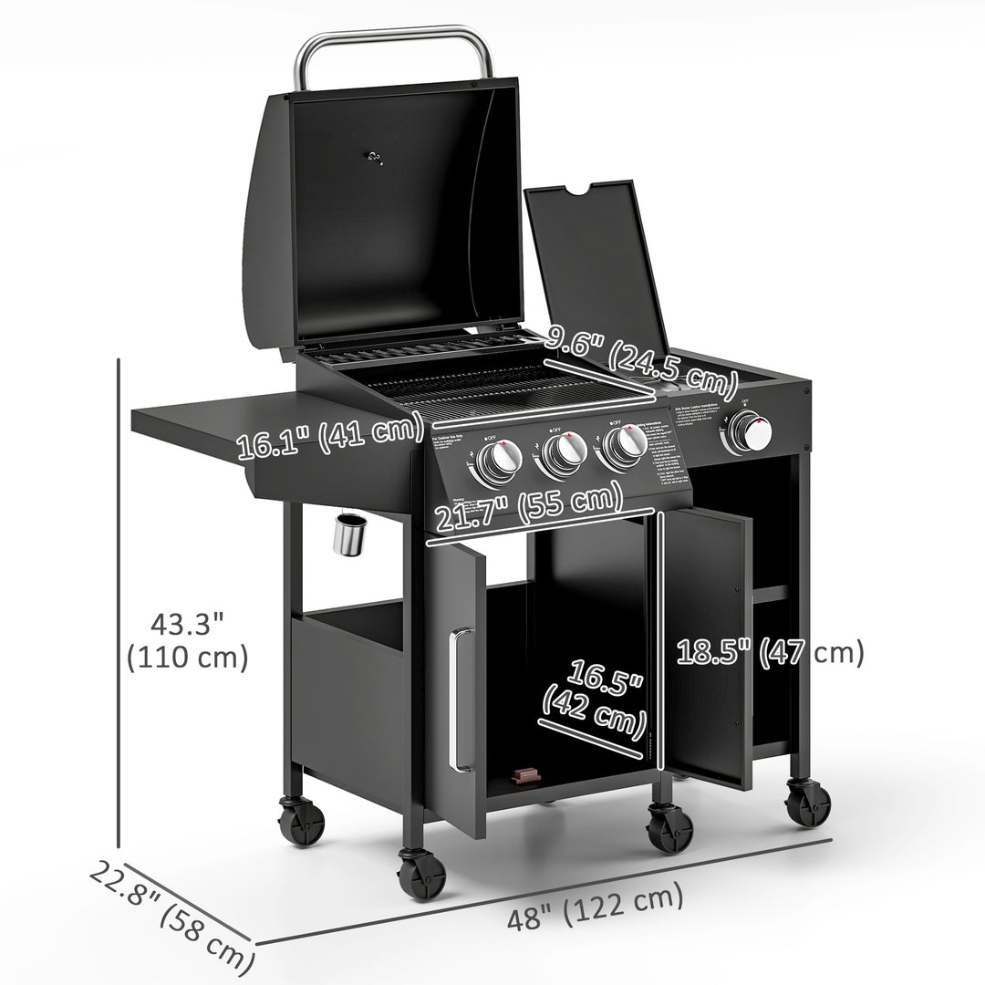 Outsunny 3 Burner Gas Grill with Side Burner, 9.5 KW Propane BBQ Grill, Cabinet Style with Shelves, Wheels, Instant Ignition