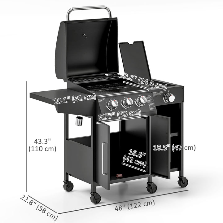 Outsunny 3 Burner Gas Grill with Side Burner, 9.5 KW Propane BBQ Grill, Cabinet Style with Shelves, Wheels, Instant Ignition