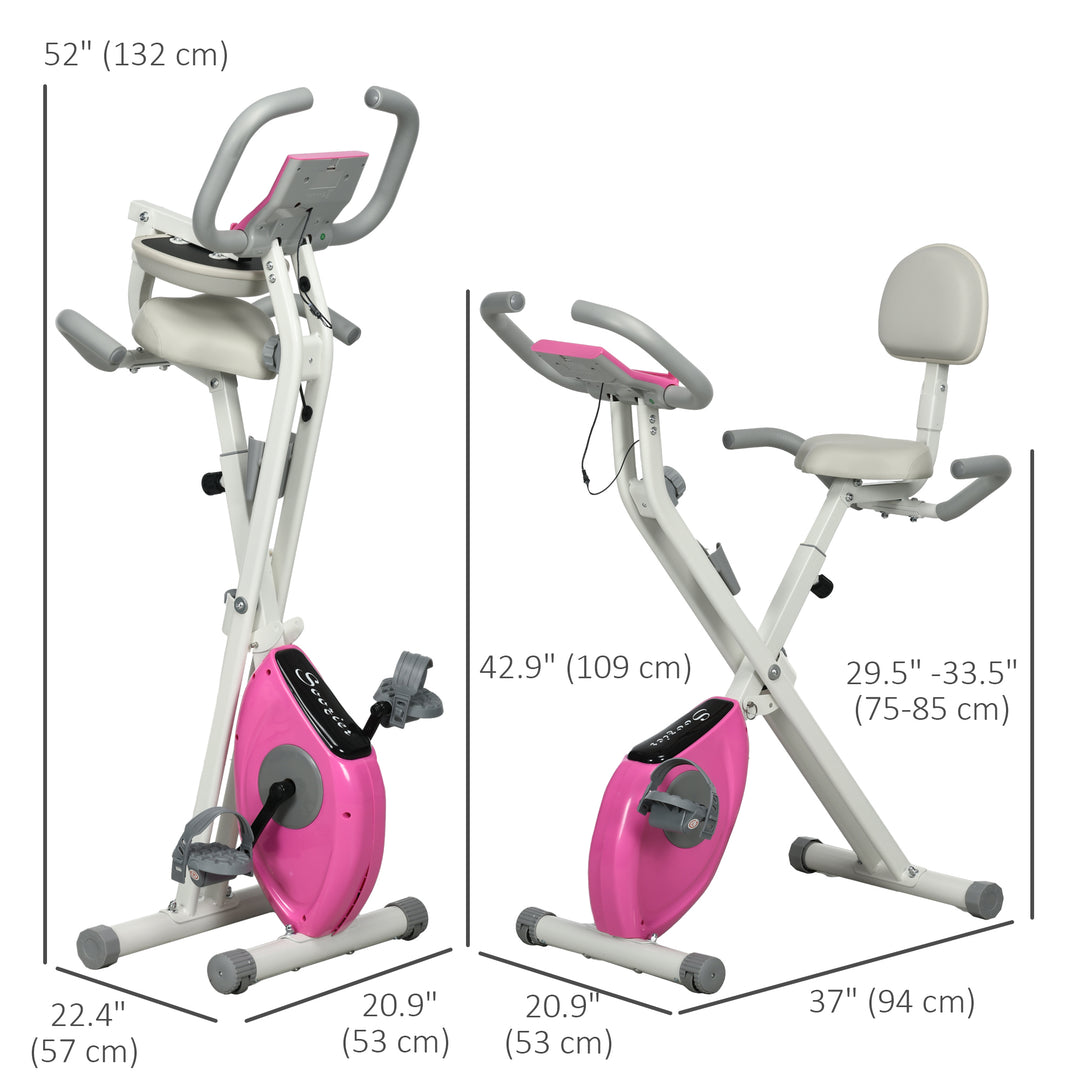 Soozier Foldable Magnetic Exercise Bike Indoor Stationary Upright Fitness Cycling Bike, 8 Level Quiet Magnetic Resistance, Pink