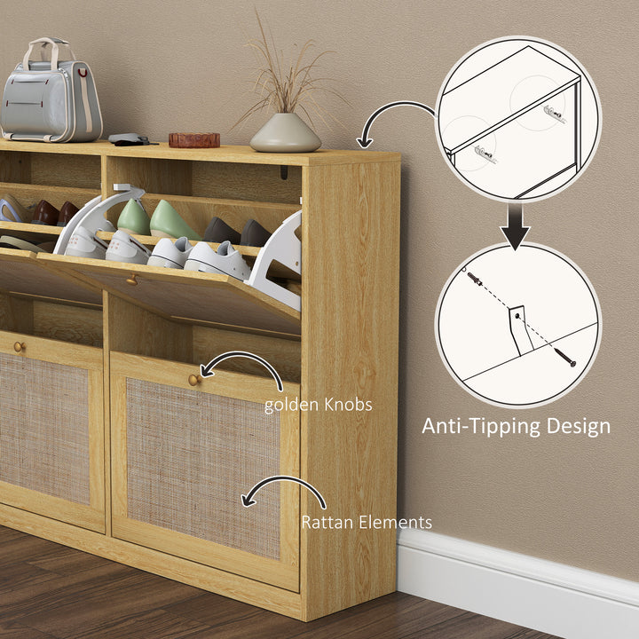 HOMCOM Narrow Shoe Storage Cabinet, Rattan Shoe Cabinet with 4 Flip Drawers and Adjustable Shelves for 20 Pairs, Black